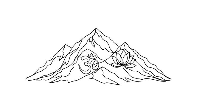 Stylized Mountain Landscape with Lotus and Om Symbols Emphasizing Spiritual Connection