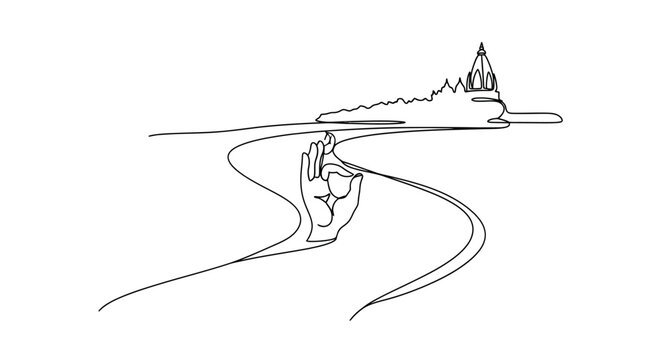 Minimalist Line Art Illustration of a Serene Landscape with a Hand Gesture and a Sacred Building in the Distance Rendered in