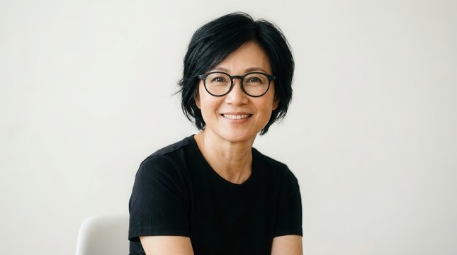 A happy, healthy, and natural looking middle aged Asian woman with glasses.