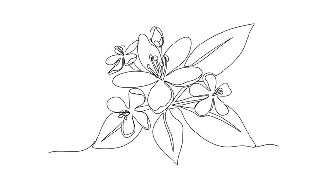 Delicate line art illustration of a blooming flower with leaves and small blossoms capturing natural simplicity and elegance in