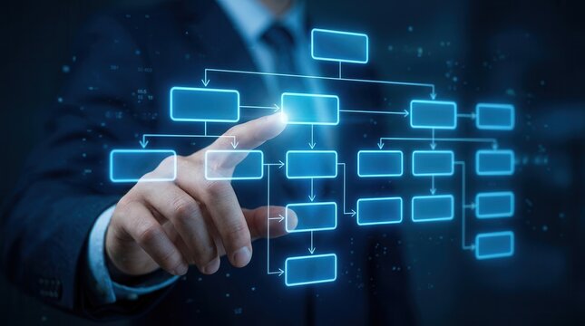 Businessman interacting with a digital organizational scheme for processing management and workflow.