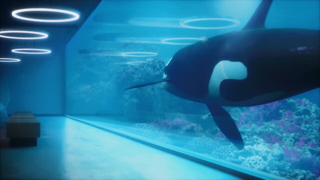 Majestic Orca Whale Glides Past a Vast Oceanarium Window in an Amusement Park Aquarium, Spotlighting Marine Life Conservation, Whale Protection, Coral Habitat Awareness, and Ocean Education.