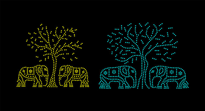 Rhinestone hotfix transfer template, elephants standing under the tree, traditional, design for plain cloths, saree, and other decorative purposes, laser cutting, 2.2 mm hole size 6 ss, F-10