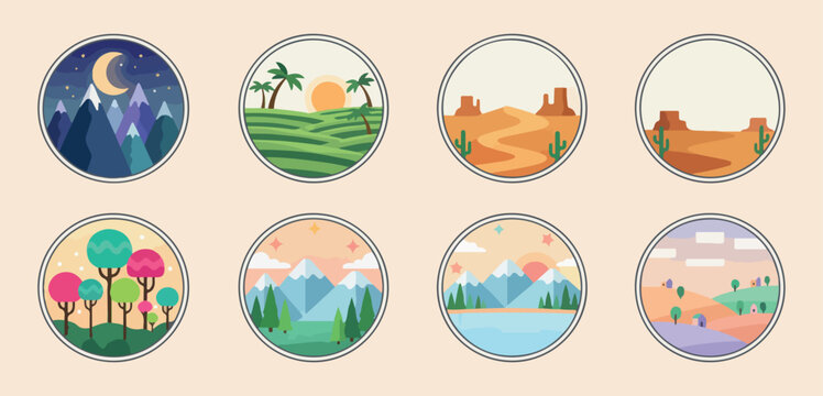 Nature landscape circle badges, outdoor adventure icon set, travel destination travel art, mountains forest desert stickers, scenic wanderlust badge graphics, explore world nature icons, colorful tour