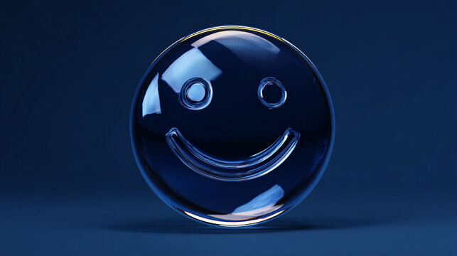 glass smiley emoji on dark blue background.