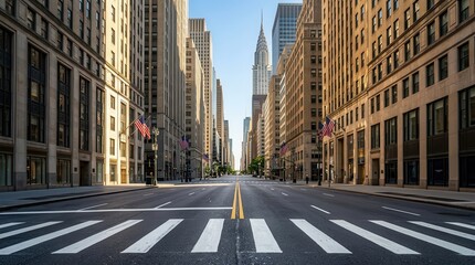 Obraz premium Sunny day in Manhattan with an empty street looking towards Midtown NYC skyscrapers.