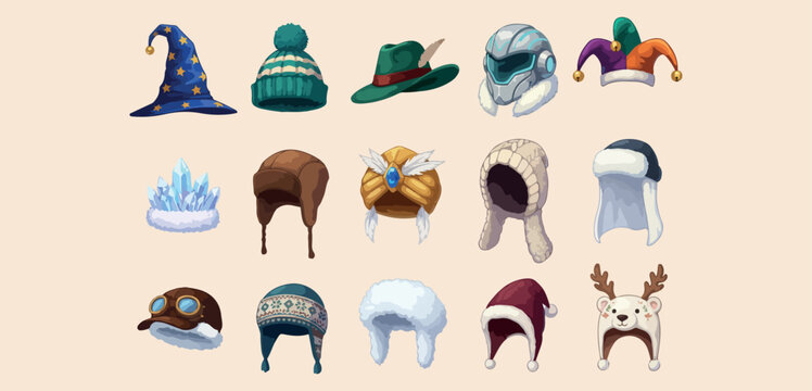 Winter hat and helmet set, cozy knit beanie icons, historical warrior helmet graphics, festive holiday headwear art, seasonal winter fashion icons, protective headgear visual cues, diverse hat style c
