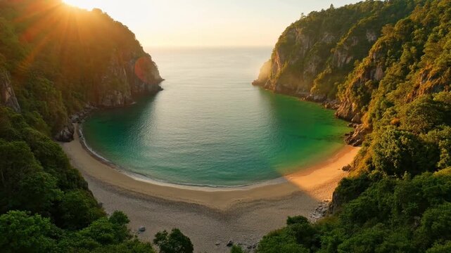 Scenic tropical beach cove featuring golden sunlight reflecting on the calm turquoise water at sunset time