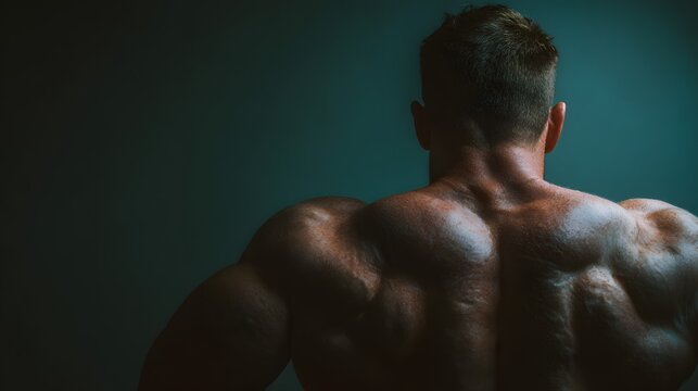 Strong muscular man flexing back muscles under light - fitness concept