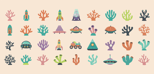 Colorful space exploration icons, whimsical galaxy planet set, cute astronaut ufo graphics, planetary orbit science stickers, futuristic space mission icons, universe discovery celestial set, nursery  © Geetaroy