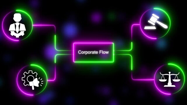 Corporate flow infographic with neon for business strategy, legal, and management concepts