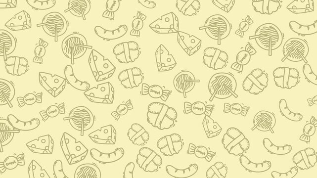 Creative seamless pattern of cute food doodles suitable for packaging design, stationery, textiles, and kitchen decor products. Bright and playful.