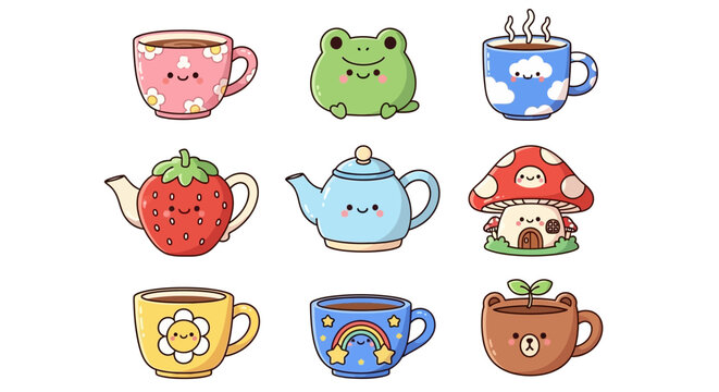 Cute collection of whimsical cartoon tea cups and teapots featuring colorful floral patterns animal faces and playful magical forest designs