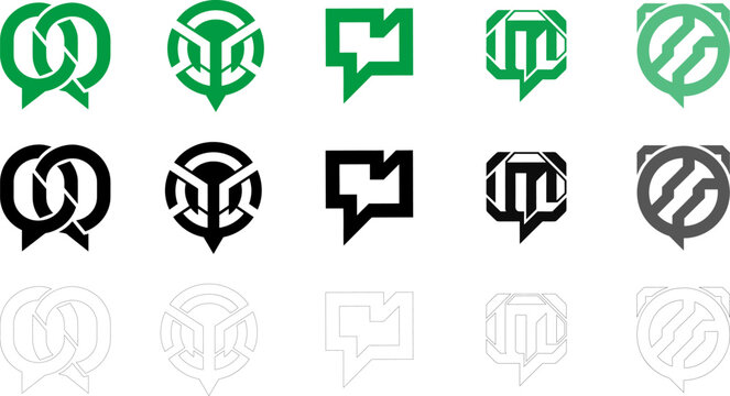 Collection of modern chat and speech bubble logos in various colors and silhouette styles