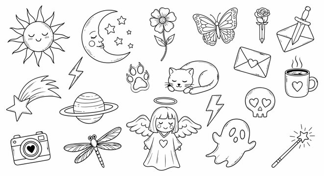 Collection of cute hand drawn doodle icons featuring celestial bodies flowers animals and magical symbols on a plain white background