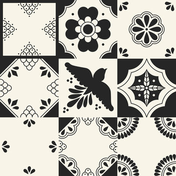 Set of traditional mexican talavera tile patterns. Ceramic art from Puebla. Mediterranean geometric ornament with flowers, leaves, swirls, bird motifs.