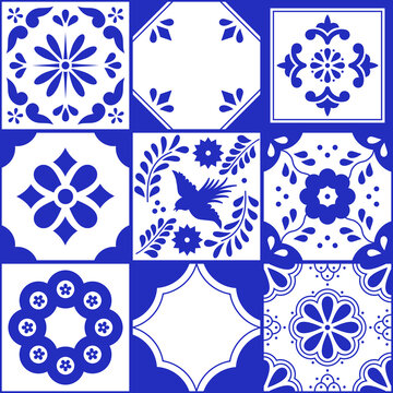 Set of traditional mexican talavera tile patterns. Blue and white ceramic art from Puebla. Mediterranean geometric ornament 