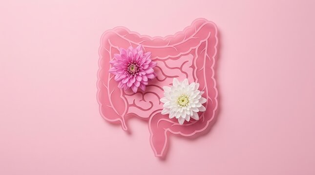 Pink intestine diagram with flowers for digestive health, leaky gut, and gastric wellness.