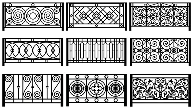 A collection of various decorative iron fence railing designs features classic geometric and floral metal patterns isolated on a white background.