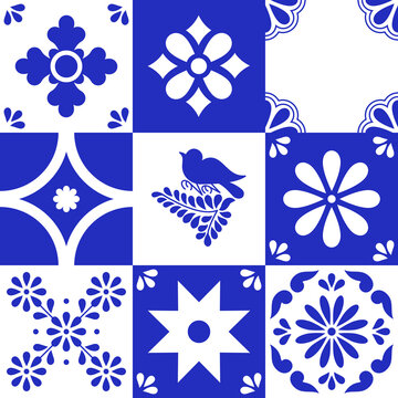 Set of traditional mexican talavera tile patterns. Blue and white ceramic art from Puebla.