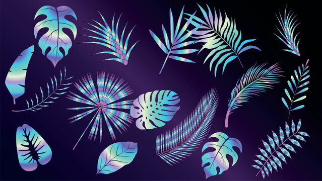 Neon holographic tropical leaves on dark background, iridescent gradient monstera and palm foliage set for synthwave and vaporwave design