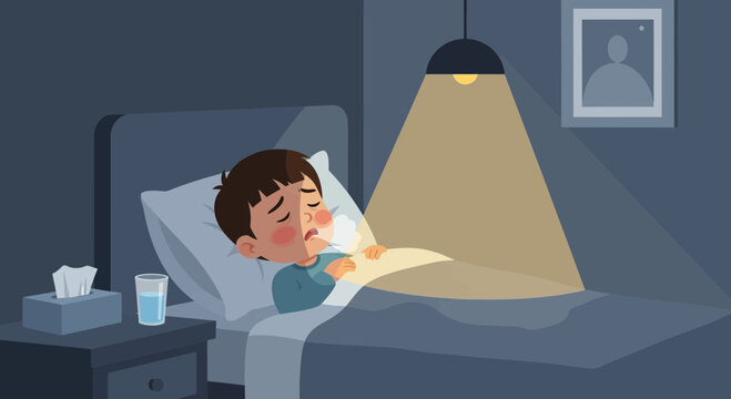 A Child Feeling Unwell in Bed with Tissues and Water