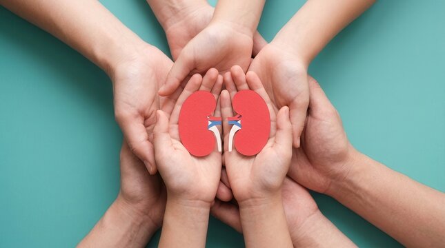 Concept of organ donation with adult and child hands supporting red kidney cutouts.
