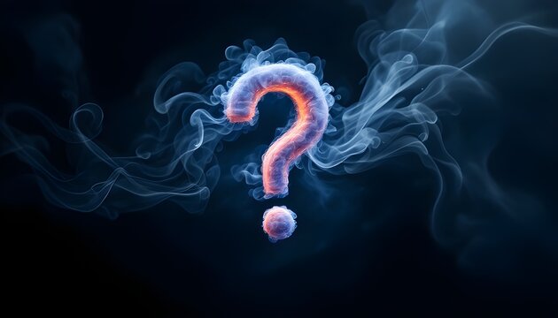 Conceptual glowing question mark formed by ethereal blue and orange smoke swirls on a dark background representing mystery, curiosity, and the search for answers.