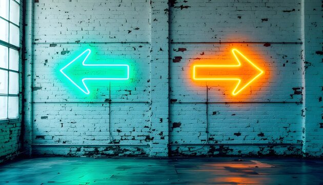 Green and orange neon directional arrows pointing left and right on a weathered white brick wall symbolizing choice, decision making, and strategic business direction.