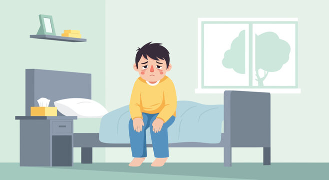 A Depressed Person Sitting On Bed With Tears and Sad Expressions Illustration
