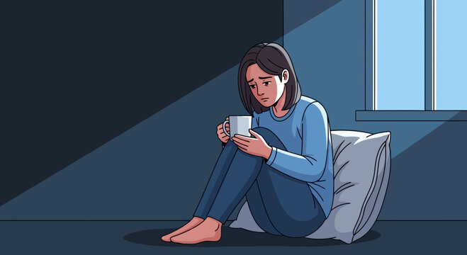 A Lonely Person Suffering From Despair Holding A Cup Of Coffee At Night