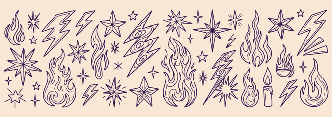 Cosmic lightning bolt art, mystical star burst icons, celestial energy symbol graphics, magic flash sparkle doodles, ethereal universe power art, minimalist cosmic line icons, sacred geometry star set © Geetaroy