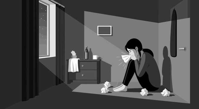 A Lonely Soul Weeping In The Darkness Of A Room, Burdened By Sorrow And Alone