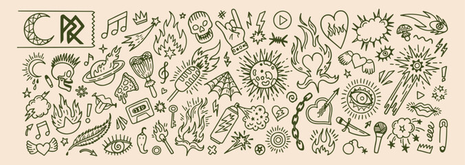 Occult mystery sticker set, mystical rock on hand, sacred sun and moon, esoteric magic symbol icons, gothic spiritual line art, witchcraft dream catcher graphics, divine celestial doodle collection  © Geetaroy