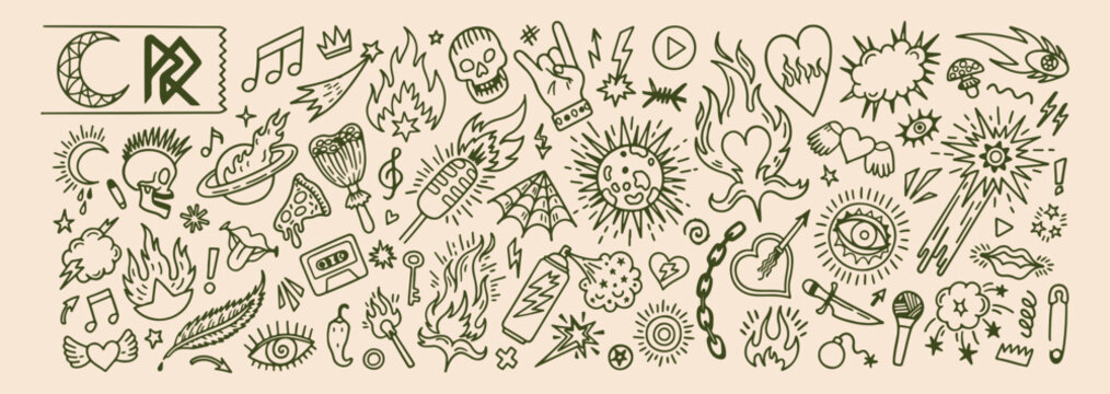 Occult mystery sticker set, mystical rock on hand, sacred sun and moon, esoteric magic symbol icons, gothic spiritual line art, witchcraft dream catcher graphics, divine celestial doodle collection
