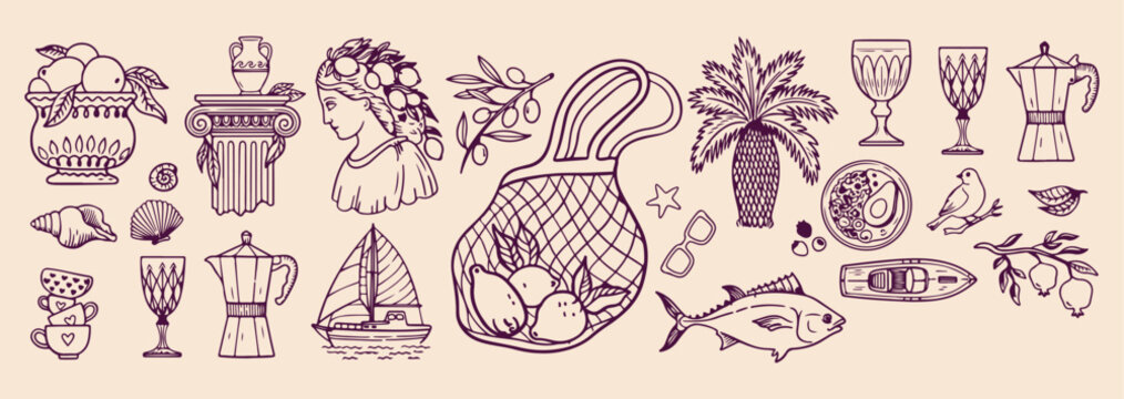 Beach net bag illustration, summer holiday vacation icons, tropical sea shell doodles, nautical marine life graphics, island lifestyle sticker set, ocean travel accessories art, summer beach vibes col