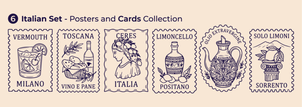 Vintage italian postal stamps, Ceres limoncello mail art, antique postage stamp set, italian heritage travel graphics, romantic mediterranean mail stickers, historical postal correspondence art, class