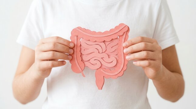 Healthy bowel digestion concept featuring a tween girl holding an intestine shaped illustration.