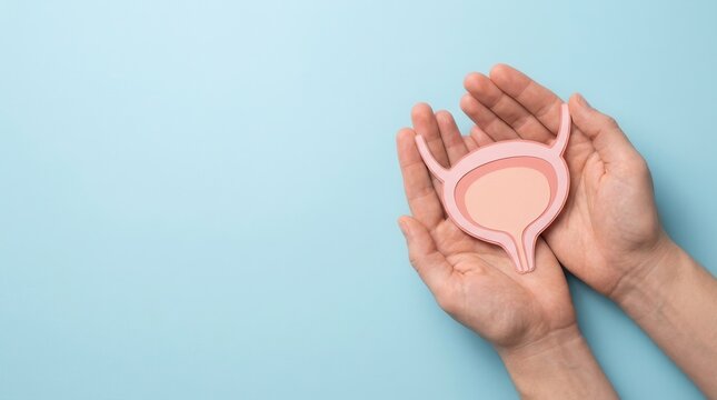 Medical concept of cystitis and bladder cancer with hands holding a bladder illustration.