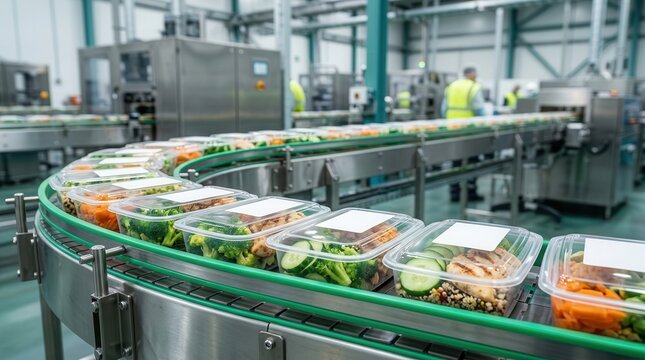 Food processing technology showing prepackaged meals moving on a factory conveyor belt.