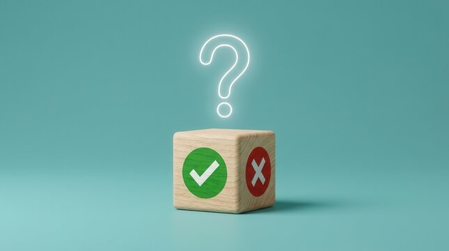 Decision making concept with a tick mark, cross mark, and question mark on a wooden cube.