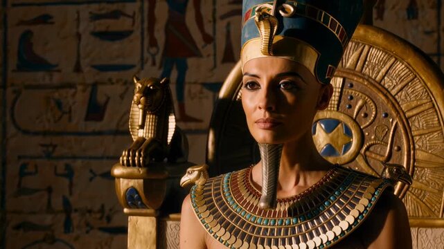 Nefertiti, ancient Egyptian queen, wearing iconic blue and gold flat-top crown, broad jeweled collar necklace, dramatic torchlight and smoke in dark temple interior.