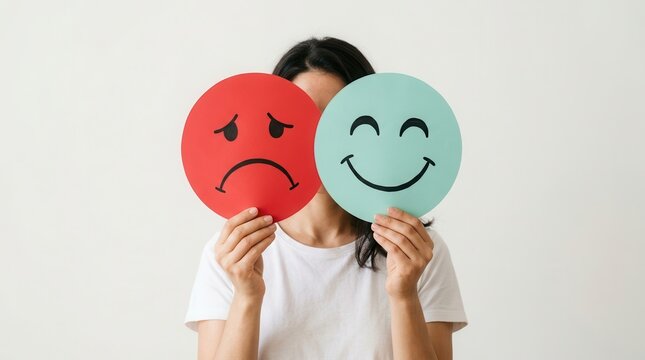 A woman's hands holding sad and happy face icons for psychology, Autism, and ADHD concepts.