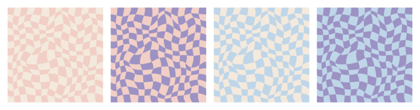Set of retro groovy seamless pattern with a psychedelic checkerboard design in pastel. Abstract wavy background.