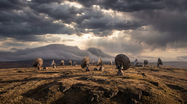 Radio Telescope Array Under Dramatic Stormy Sky with Sunbeams
