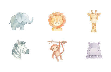 Naklejka premium Watercolor Baby Zoo Animals Icon Set