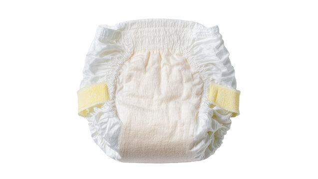 Newborn disposable diaper with yellow adhesive tabs, isolated on transparent background