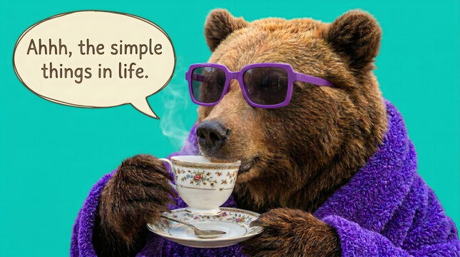 A humorous portrait of a brown bear wearing purple square sunglasses and a plush bathrobe, sipping tea from a vintage cup. Whimsical lifestyle and animal humor concept.