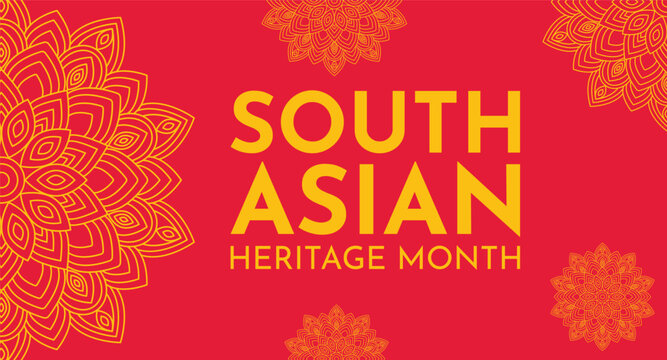 South Asian Heritage month (18 July  17 August) banner . South Asian Heritage month celebration. Vector banner with abstract mandala symbol ornament on red background. Greeting card, banner design.