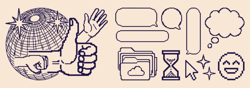 Retro digital office icons, vintage computer folder doodles, file upload cloud graphics, hourglass time management icons, nostalgic tech desktop set, early internet office art, classic computer ui ele